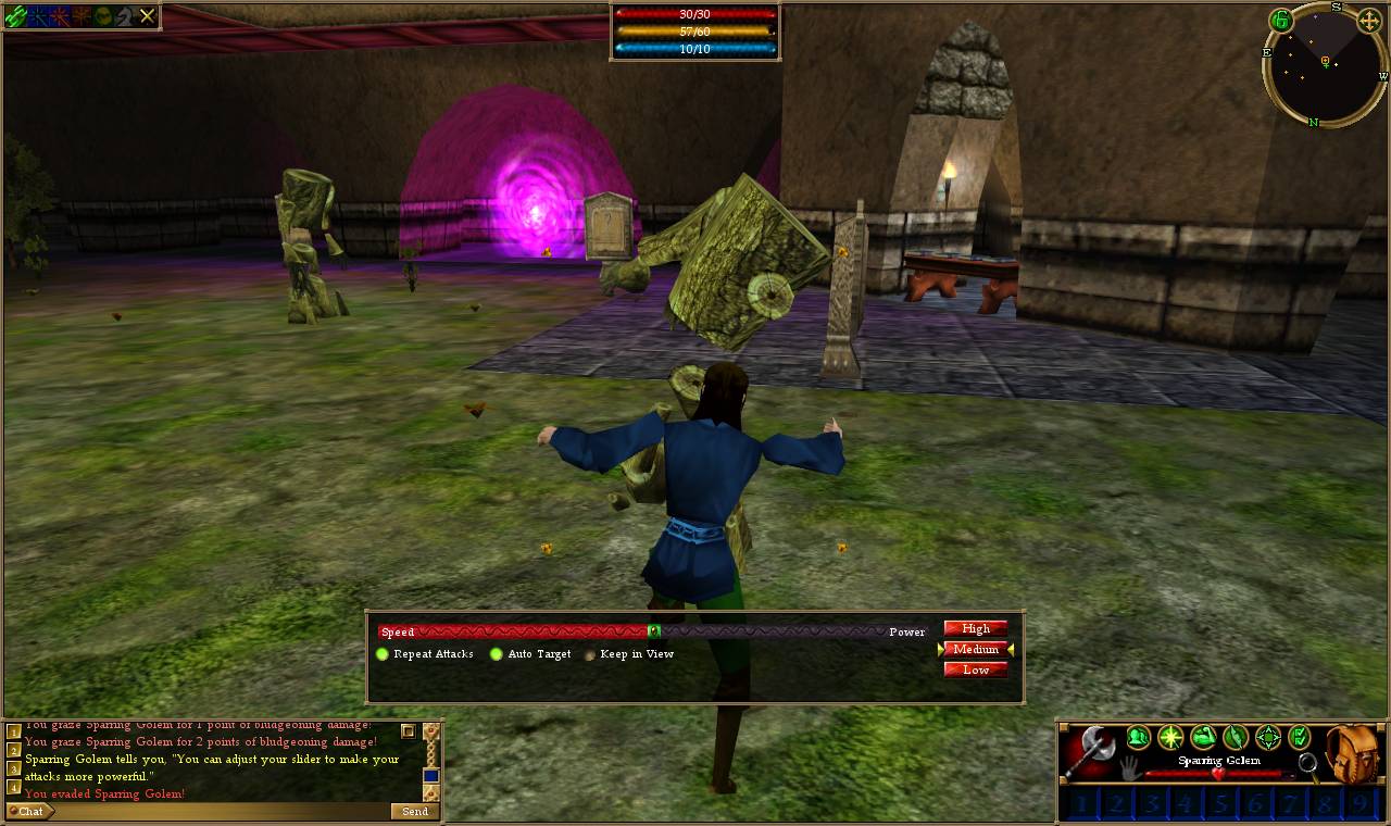 A character fighting a sparring golem in the Training Academy, with the retail combat bar, vitals, radar and chat