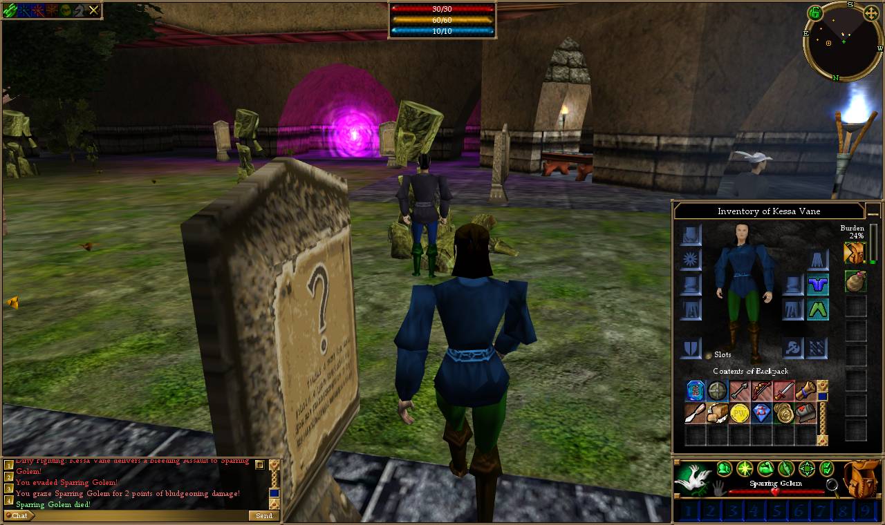 The inventory panel open beside another player in the Training Academy