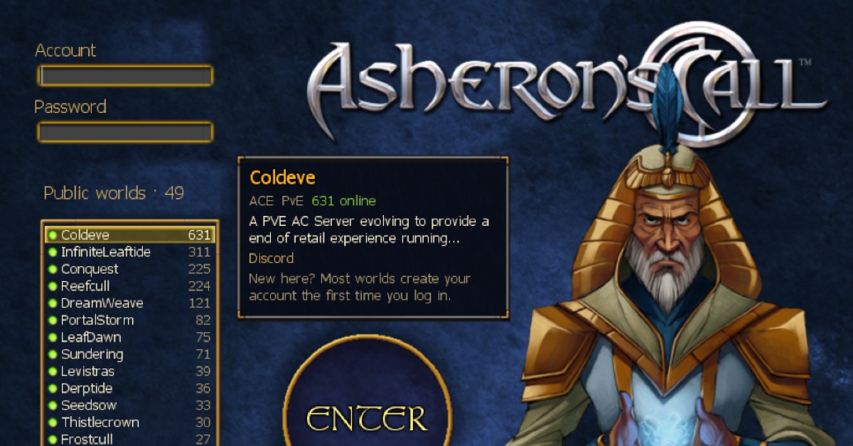 The webAC launcher: the Asheron's Call login screen with the list of public worlds and their player counts